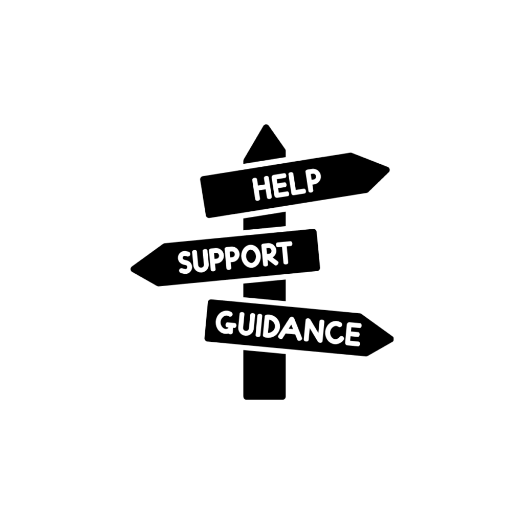 Black signpost with signs reading 'help', 'support' and 'guidance'