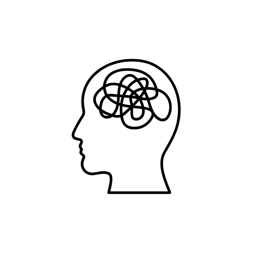 Illustration of a head with a tangled line for a brain