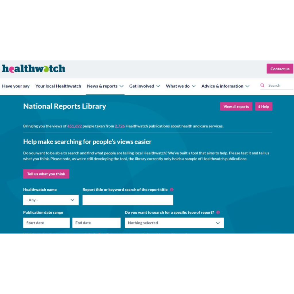 Screenshot of new Healthwatch National Reports Library