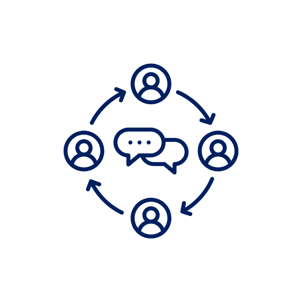 People with arrows connecting them and speech bubbles in the middle