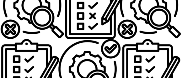 Illustrations of checklists and cogs and magnifying glasses