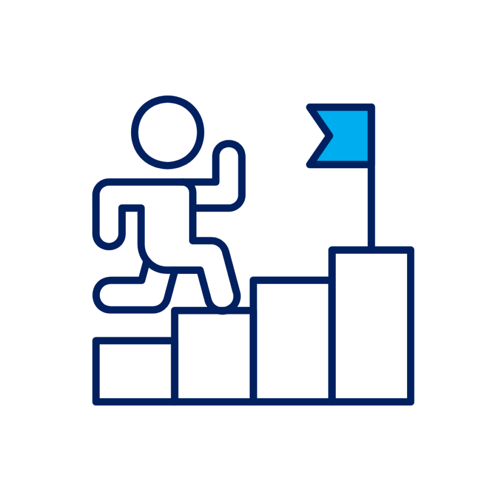 Illustration of person walking up steps towards flag