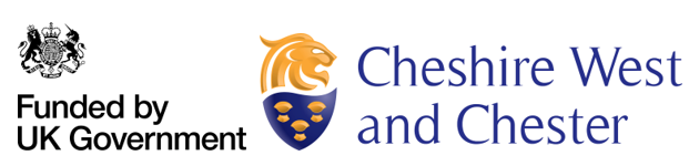 Cheshire West and Chester logo with text reading 'funded by UK government'