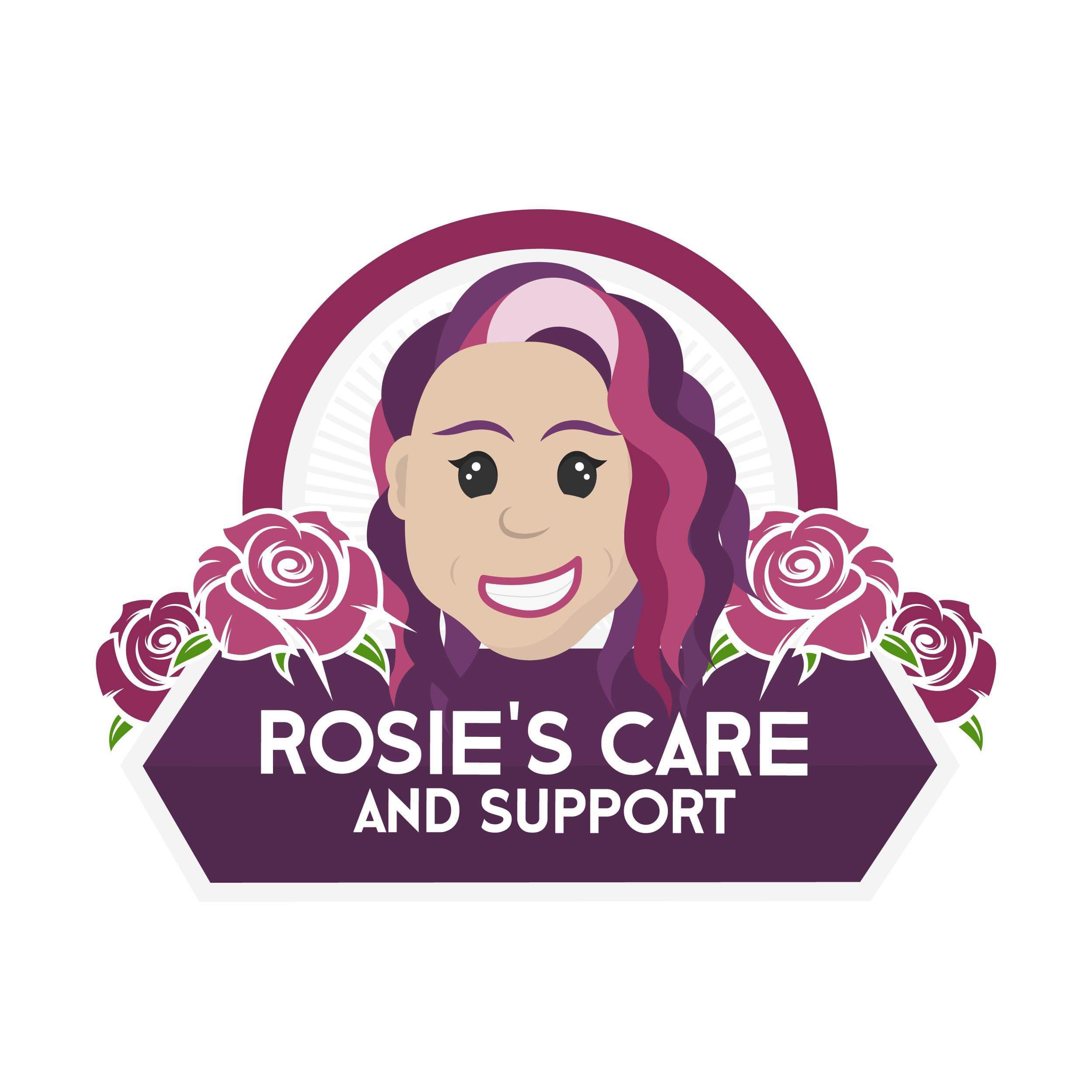 Rosie's Care and Support logo. A smiling lady with roses around her and the name of the business 'Rosie's Care and Support'