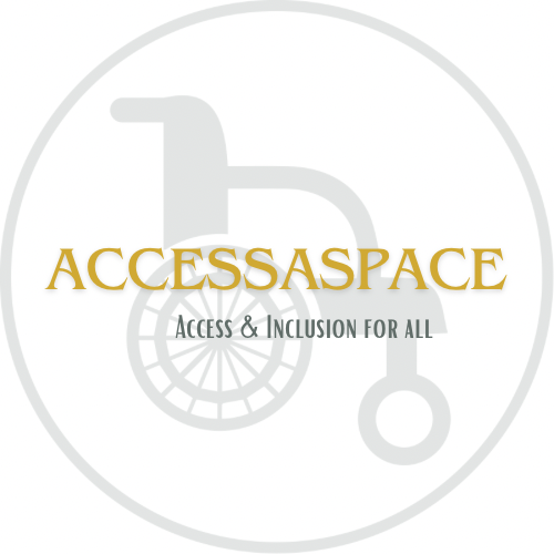 A circular logo with a wheelchair in bold grey. The word Accessaspace is in bold gold letters through the centre and below that bold grey caption - Access & Inclusion for All