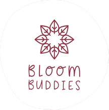 Bloom Buddies logo, featuring a simple digital flower, in burgundy colour