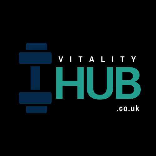 A logo with the words Vitality Hub . co.uk and a small dumbell