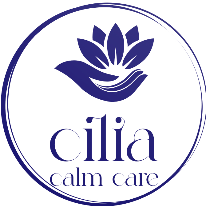 A flower in a hand above Cilia Calm Care, all in a circle. The logo identify Cilia Calm Care