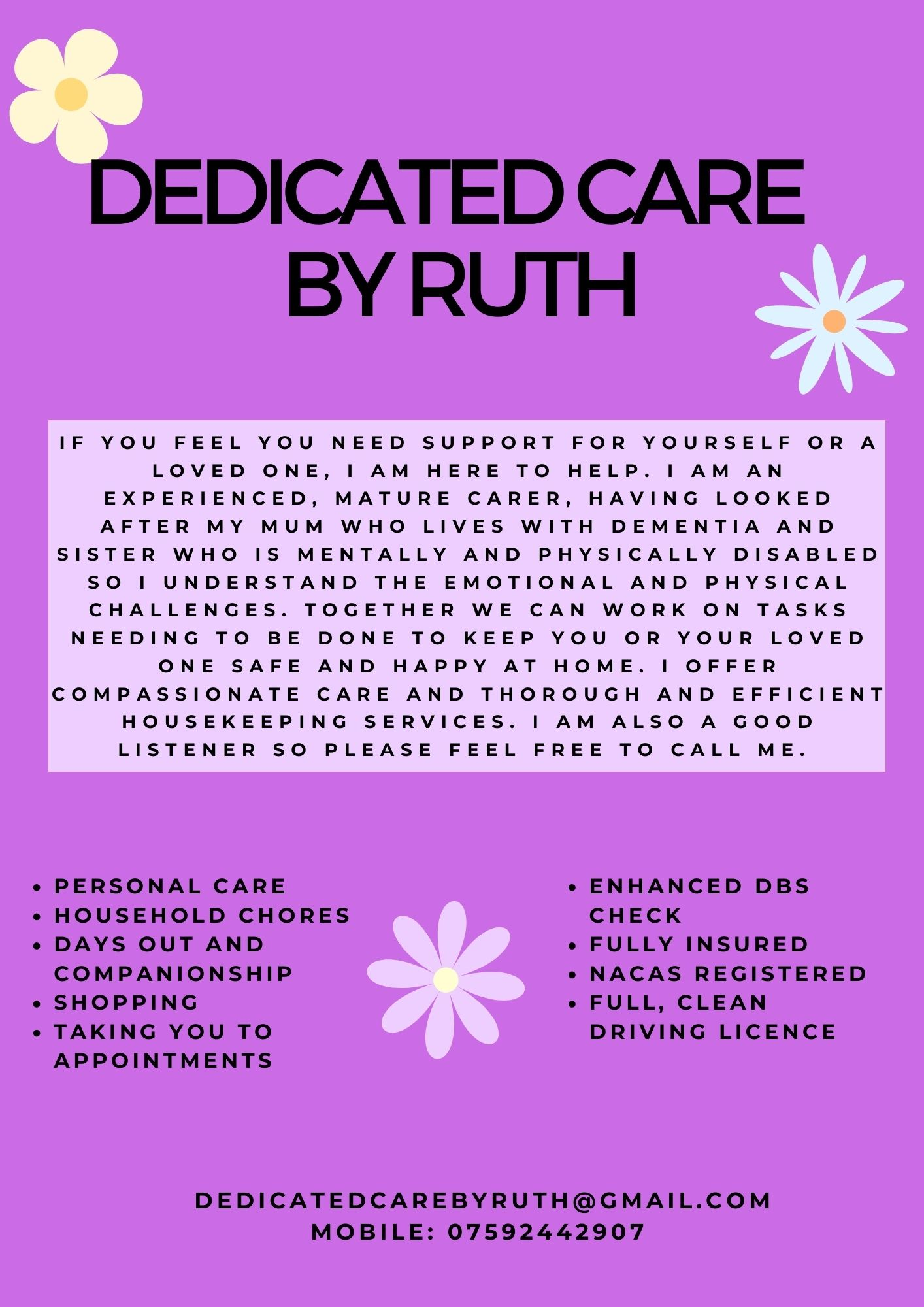 Flyer for Dedicated Care by Ruth