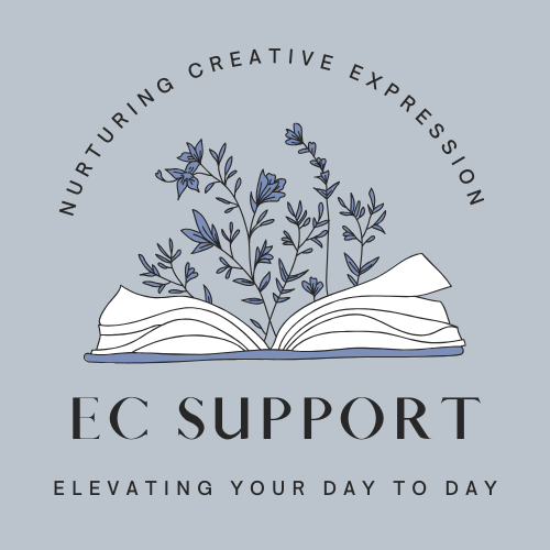EC SUPPORT logo showing flowers growing out of an open book with the slogans "nutruring creative expression" and "elevating your day to day"