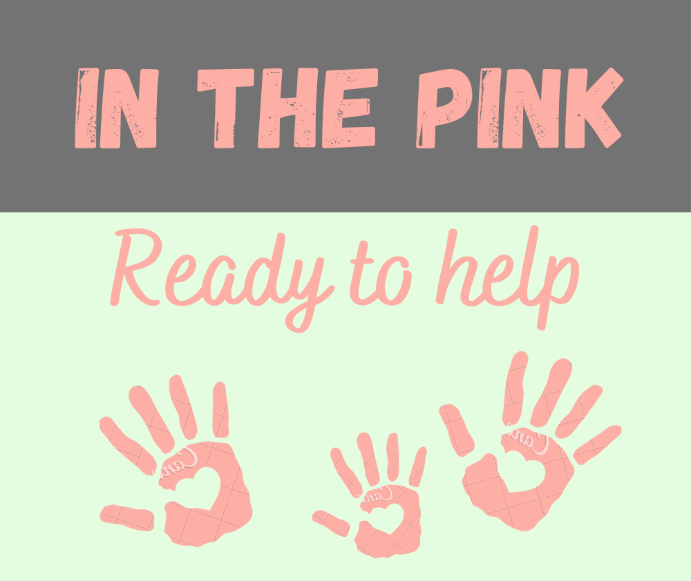 In the pink logo - 'ready to help' text with three hand prints