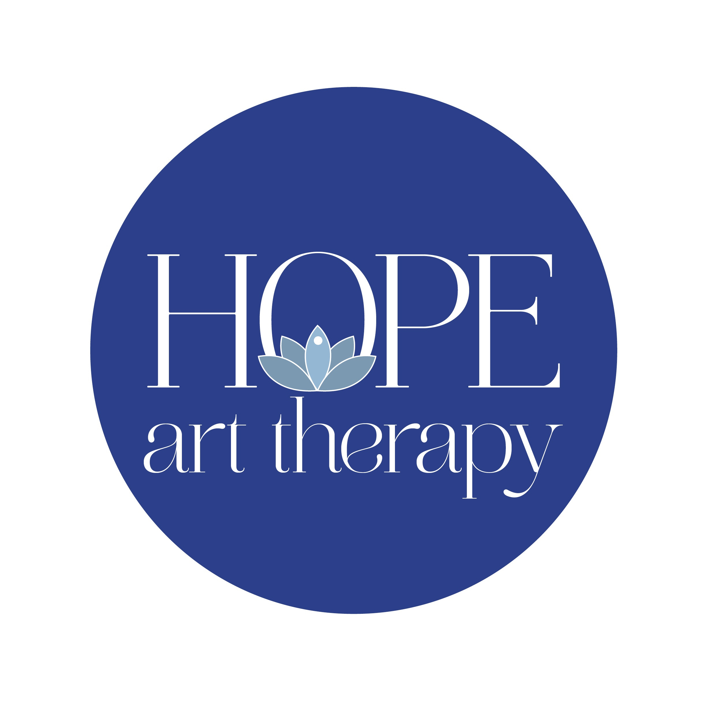 Navy blue circle containing the words Hope Art Therapy and a light blue image of a lotus flower