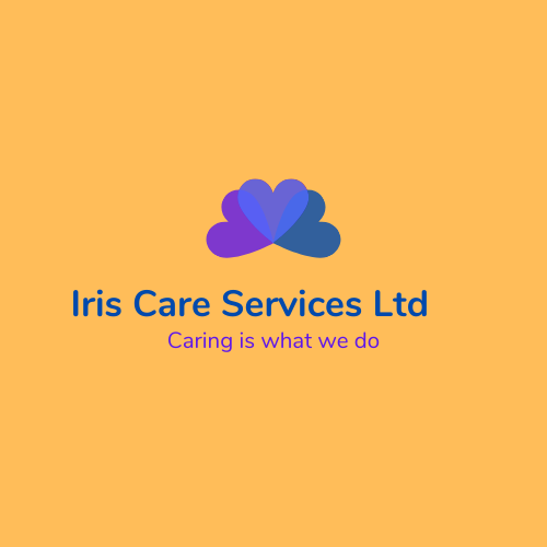 Image is the logo for the company which is on a yellow background with Iris Care Services Ltd written on and the logo of the company 'caring is what we do under. Above both is three heart shapes.