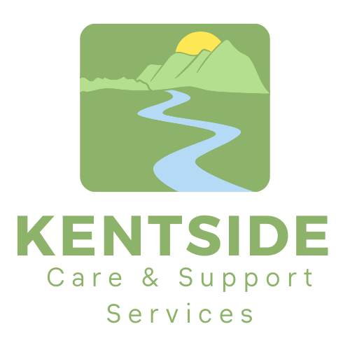 This is the company logo, it shows a river which passes through a mountain image with a sun shining over the top of the mountain. It says Kentside Care and Support Services.