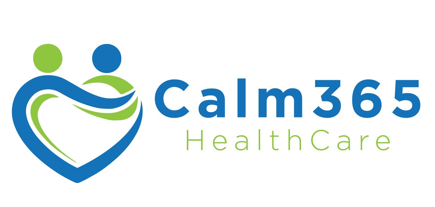 The logo has interlocking hearts which represent the strong bond between healthcare provider/Calm365 and service users, emphasizing the importance of trust, support ,empathy and understanding, signifying our commitment to fostering wellness and well-being for all service users we serve.