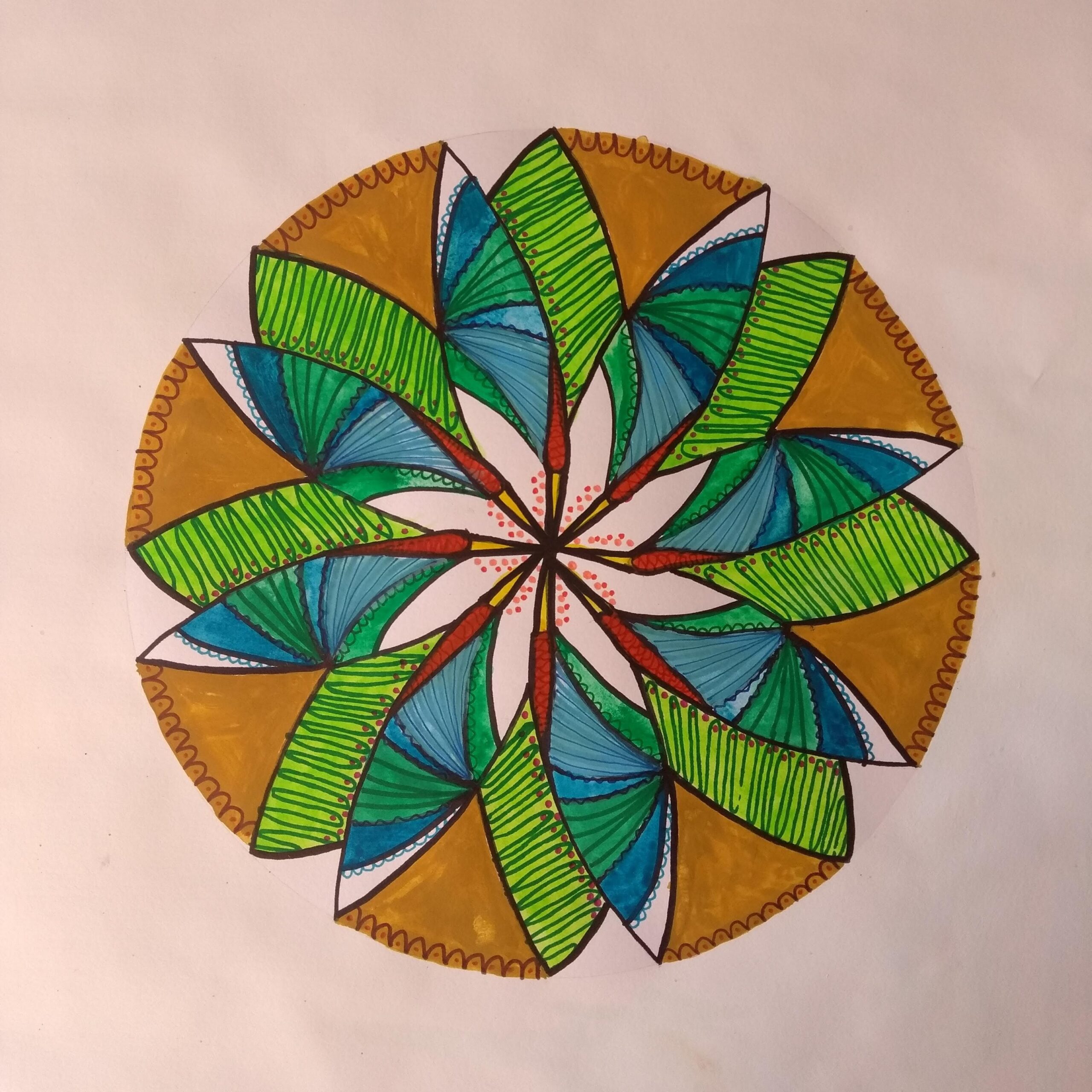 Simple patterns radiate out from the centre of a circle, creating a geometric flower-like design in sky blue, bright green and a sandy gold colour.