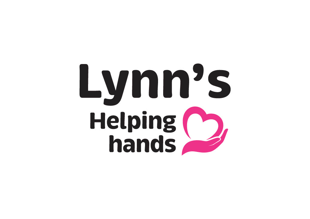 The words 'Lynn's Helping hands' with a pink heart in a pink cupped hand to the right of the text