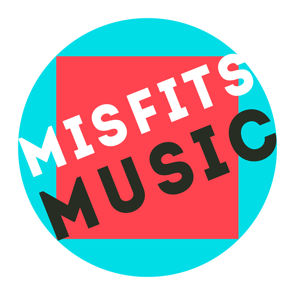 Misfits Music Logo with text on a blue circle and enclosed red box