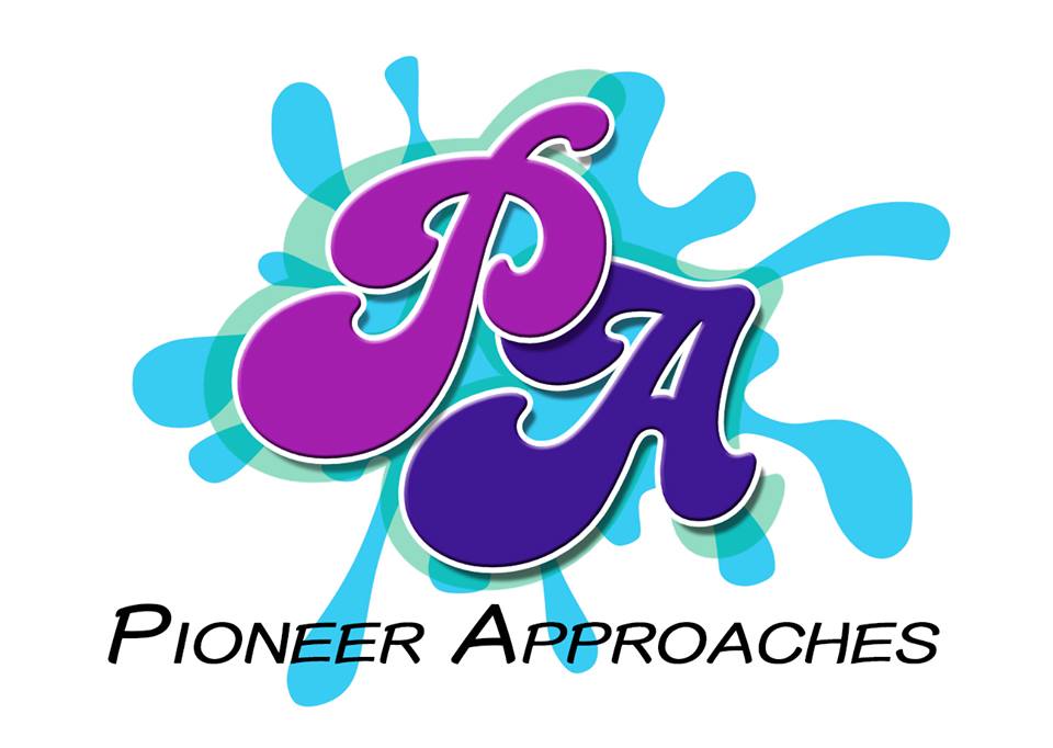 Pioneer Approaches logo - purple and blue letters on a blue splash background