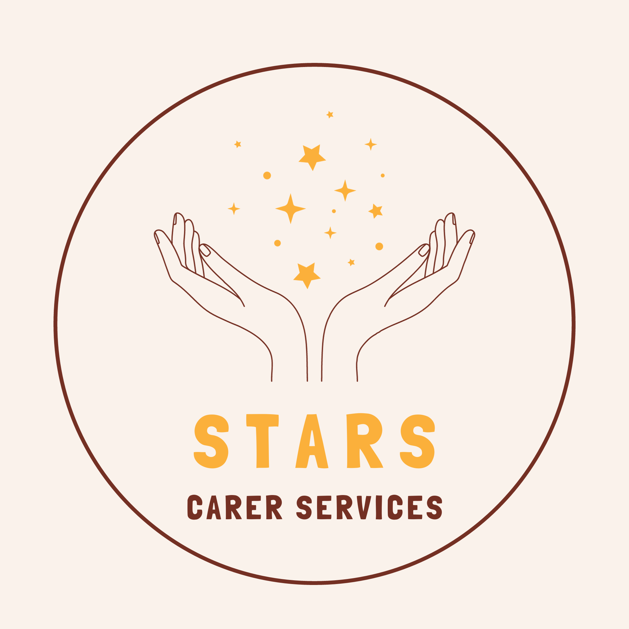 STARS Carer Services logo is a circle, with a mix of autumnal colours, inside the circle is a pair of hands reaching for the sky, holding some stars with the words STARS Carer Services underneath