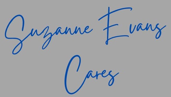 The words 'Suzanne Evans Cares' in blue on a grey background