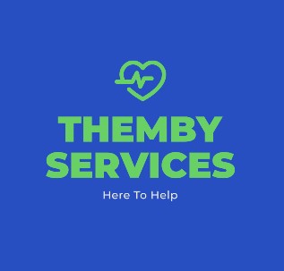 Blue background, green text themby services, here to help, and a green heart outlined