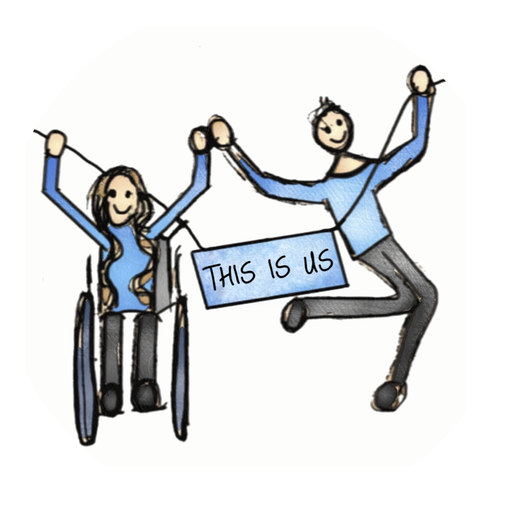 The This Is Us logo includes two dancers, one in a wheelchair and one who is standing. They are holiday hands and a sign that says “This is us”. This represents the ideas of people coming together through our classes to celebrate their individuality.