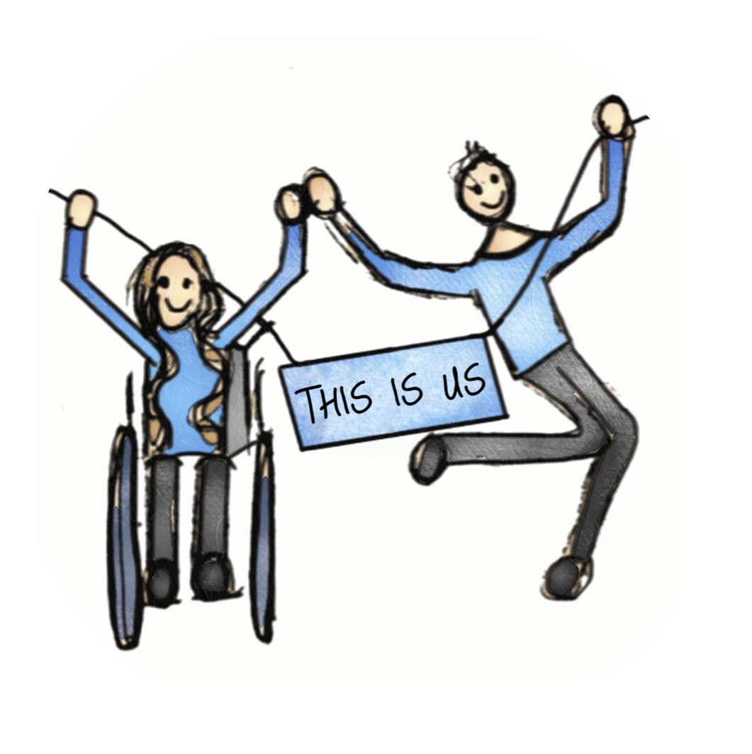 The This Is Us logo includes two dancers, one in a wheelchair and one who is standing. They are holiday hands and a sign that says “This is us”. This represents the ideas of people coming together through our classes to celebrate their individuality.