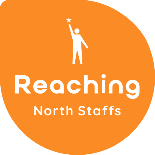 logo of white man on orange background with text reading 'reaching North Staffs'