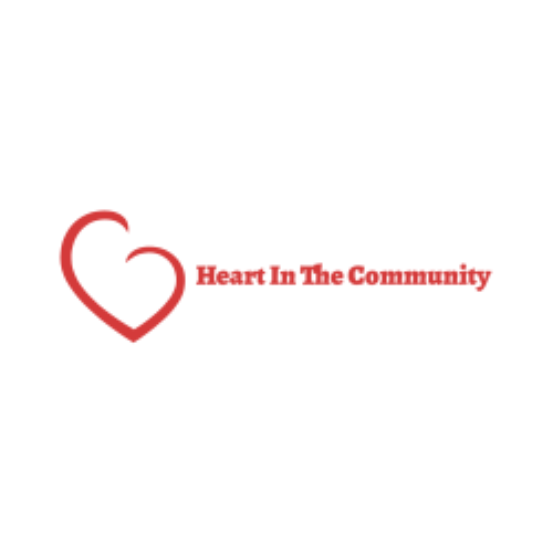 A heart in the community logo, red heart with text reading 'heart in the community'