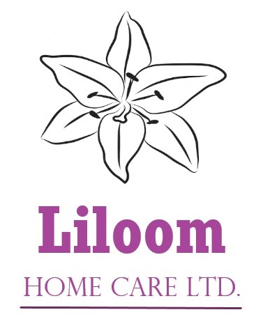 Pencil drawing of a lily with company name, Liloom Home Care Limited underneath in company colour, Purple