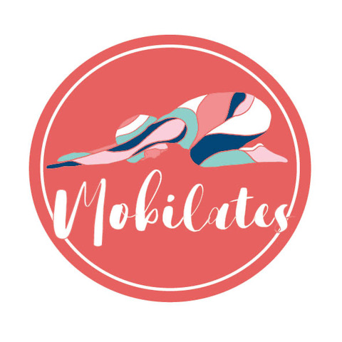 Mobilates logo with an animated image of a person in a Pilates bowed position over the word Mobilates