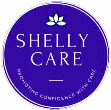 A royal blue circle with white lotus flower with words 'Shelly Care - Promoting Confidence with Care'