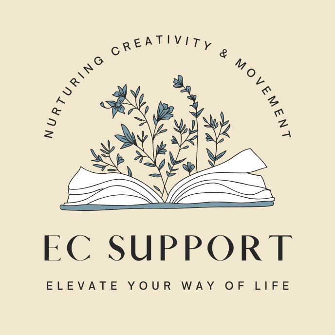 EC SUPPORT logo showing flowers growing out of an open book with the slogans "nutruring creative expression" and "elevating your day to day"