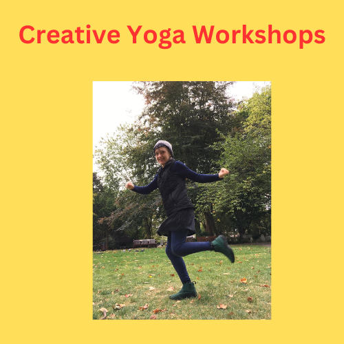 Company logo: A picture of Carmel doing a yoga pose in the park with the logo "Community Yoga Workshops" above the picture.