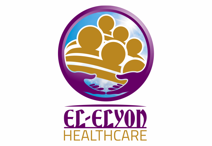 A stylized graphic design representing company's name in bold lettering, accompanied by group of people embedded in hands