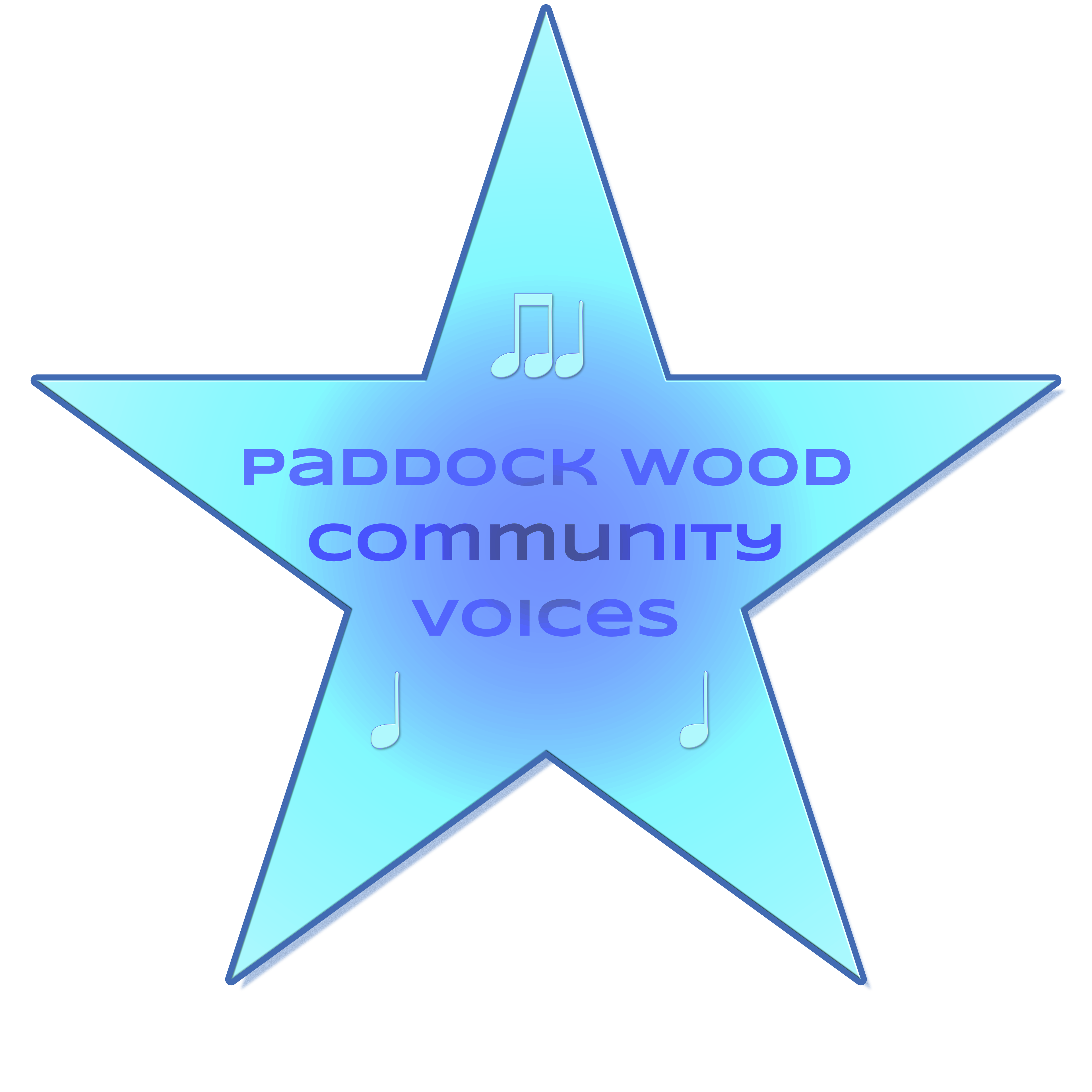 Paddock Wood Community Voices logo:  A blue star containing our group's name and musical notes.