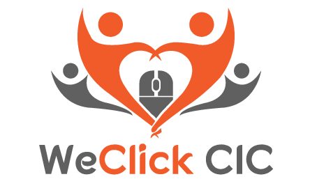 Logo of WeClick CIC featuring two orange figures forming a heart shape with a computer mouse icon in the center, symbolizing connection and digital empowerment, accompanied by two grey figures on either side. The text 'WeClick CIC' appears below the graphic, with 'WeClick' in orange and 'CIC' in grey