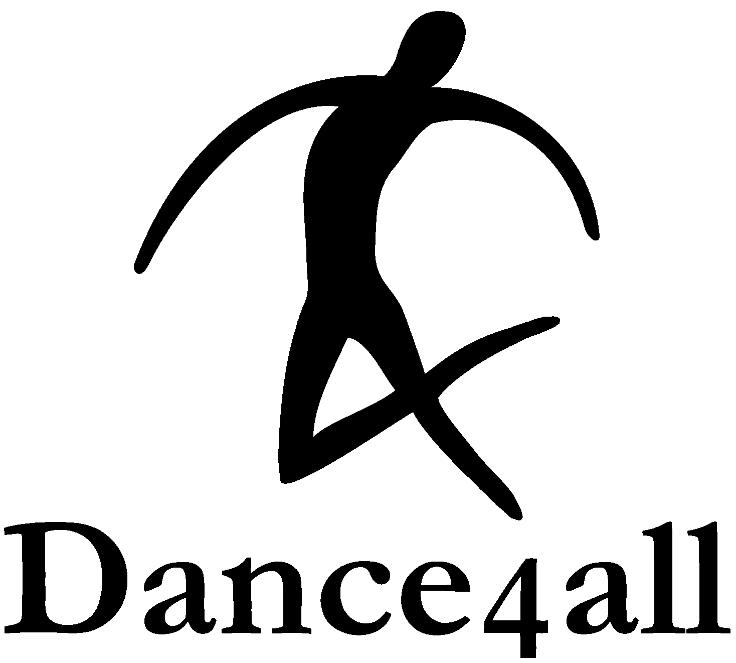 Dance4all logo: A stylised silhouette of a person jumping whose legs create the number '4' over the text 'Dance4all'