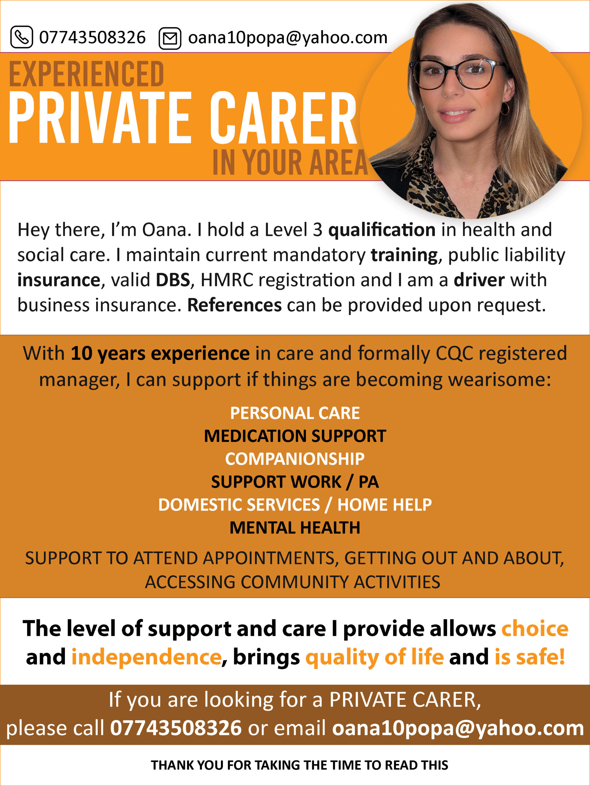 Experienced private carer in your area