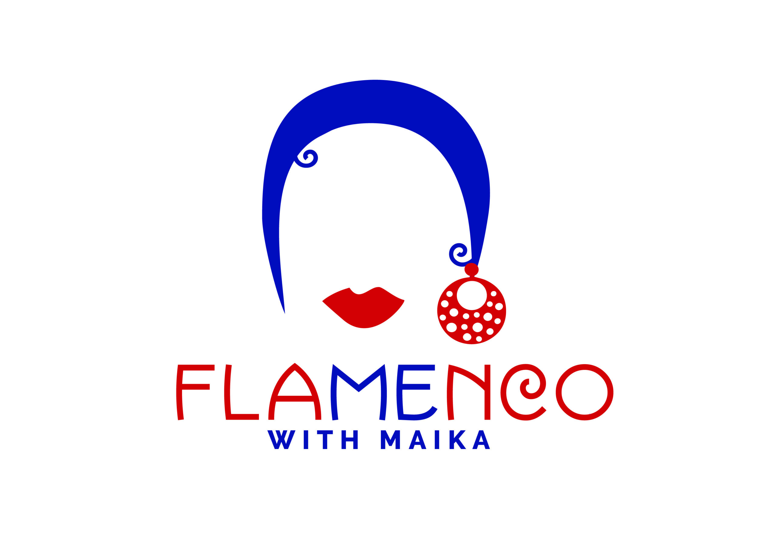 The Flamenco with Maika logo features an elegant silhouette of a flamenco dancer face, capturing the passion of the dance with red lips and earring. The image is framed by vibrant colours, representing the energy and spirit of flamenco, with bold, dynamic typography spelling out "Flamenco with Maika." The overall design communicates movement, elegance, and cultural heritage, reflecting the inclusive and empowering nature of the flamenco dance classes.
