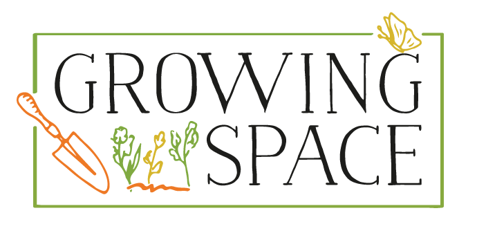Growing Space logo: A stylized graphic representing our company's name in serif lettering, accompanied by small icons of a trowel, 3 plants growing, and a butterfly.