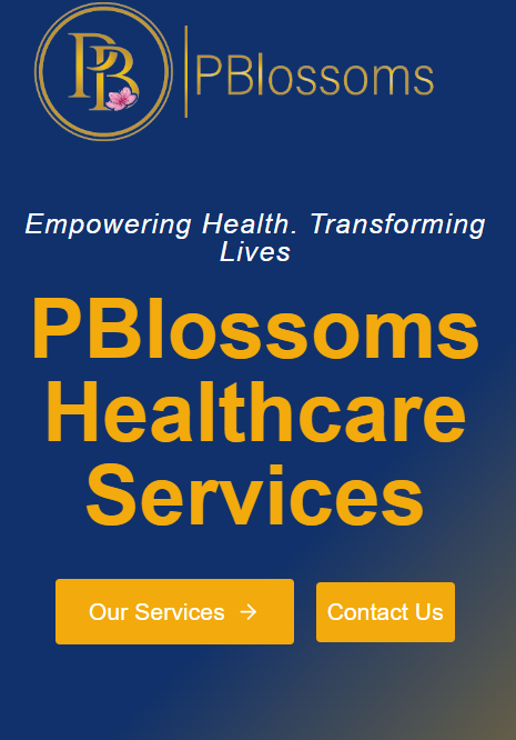 PBlossoms Healthcare Services name in modern font with a blossom graphic, symbolizing growth and compassionate care.