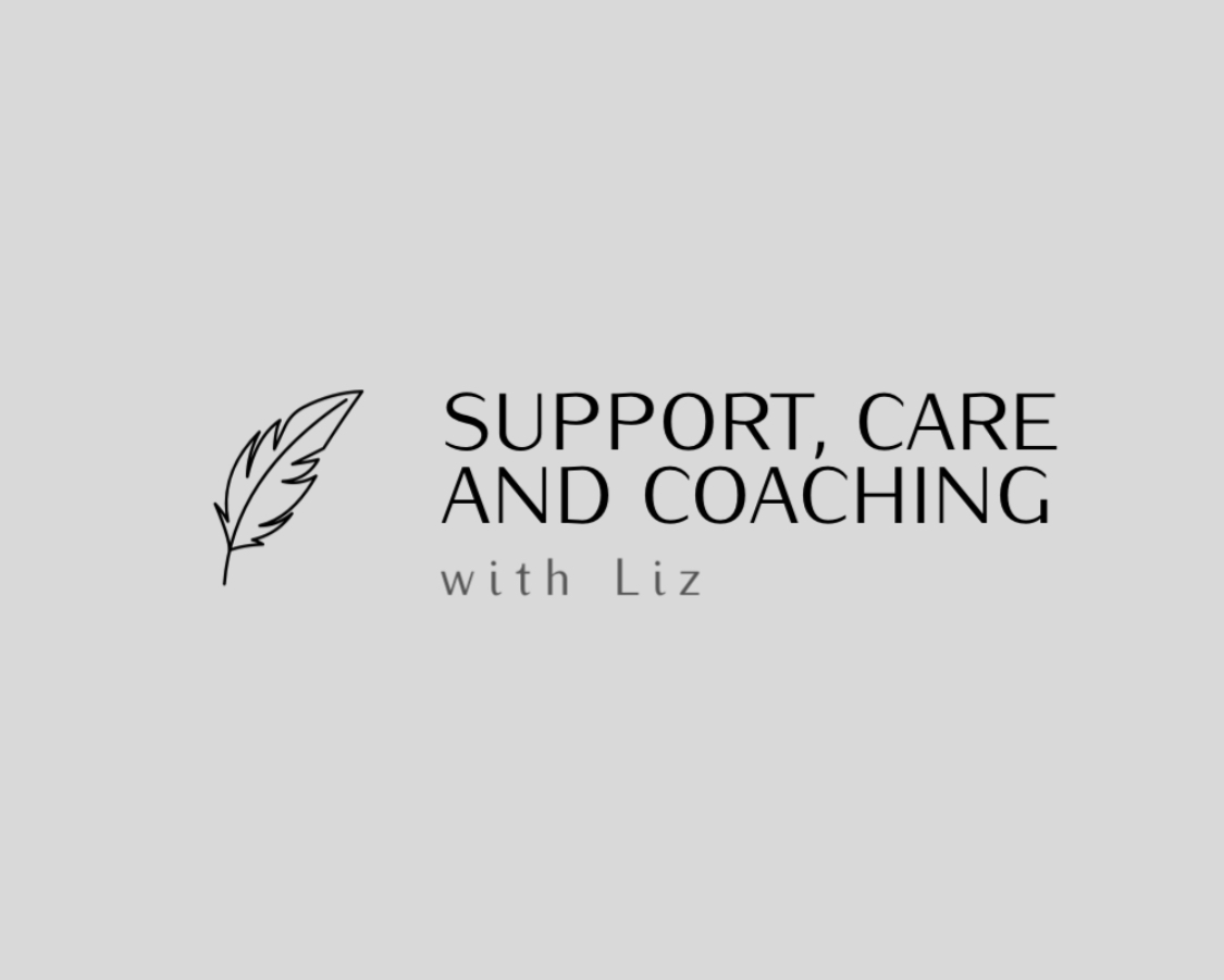 Support, care and support with Liz logo. Black writing with a feather drawing to the left side. 