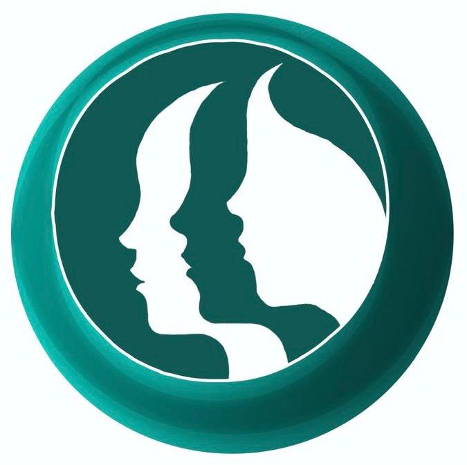 A company logo of a blue circle with three faces looking left.