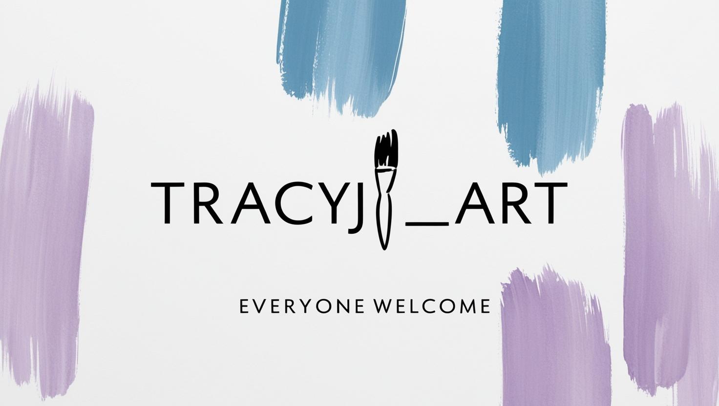 Company logo, simple graphic representing my company name in bold lettering with a paintbrush with blue and lilacs background 
