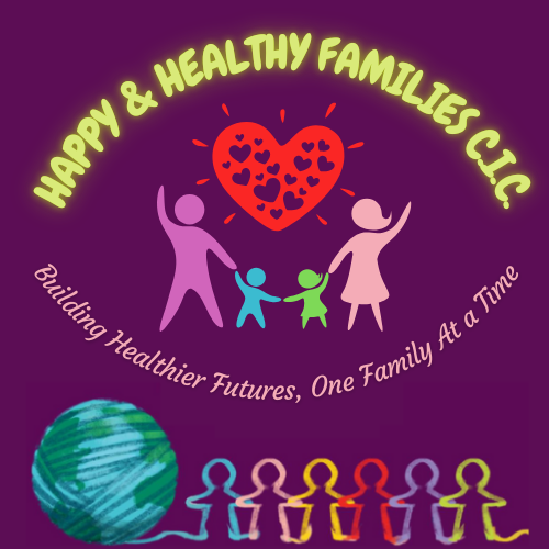 Company logo: A purple background featuring a stylised family of four holding hands—man in purple, woman in pink, boy in turquoise blue, and girl in green. Above the children, a red heart with radiating lines symbolises warmth and connection. The overall design subtly forms the pupil of an eye, with the upper eyelid displaying 'HAPPY & HEALTHY FAMILIES CIC' and the lower eyelid featuring the tagline 'Building healthier families. One family at a time.' In the square version, the lower left corner includes a blue and green ball of yarn, with its thread outlining six silhouettes in various colours (blue, pink, yellow, red, purple, and green), representing diversity and unity."