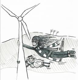 Black and white logo of cartoon figure of a person with long hair and long scarf holding a large pencil. A sheep below also holding on to a wind turbine as if a strong wind is blowing from the left.  