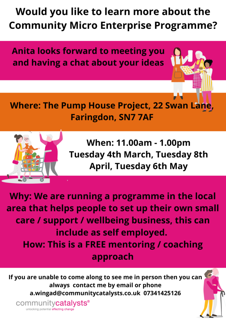 Flyer for Anita's drop-in sessions at The Pump House, taking place from 11:00 - 13:00 on 4th March, 8th April and 6th May.