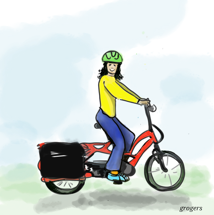 Drawing of Gayle Rogers on an e-bike